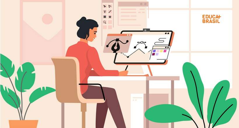 Ilustração de profissional com tecnólogo em Design Gráfico fazendo projetos gráficos no computador. Ilustração de profissional com tecnólogo em Design Gráfico fazendo projetos gráficos no computador.