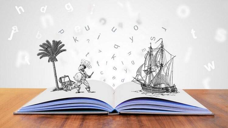 Livro aberto com ilustrações de navio e pirata Livro aberto com ilustrações de navio e pirata