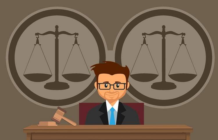 Ilustração de um juiz com martelo e balança da justiça. Ilustração de um juiz com martelo e balança da justiça.