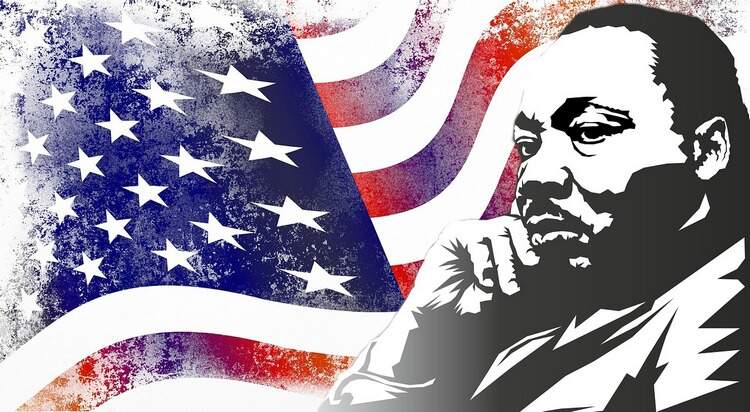Martin Luther King e bandeira dos EUA Martin Luther King e bandeira dos EUA