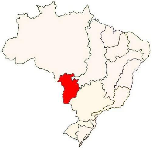 Mapa do Brasil sinalizado de vermelho a região da bacia do Paraguai.