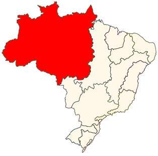 Mapa do Brasil sinalizado de vermelho a região da bacia amazônica